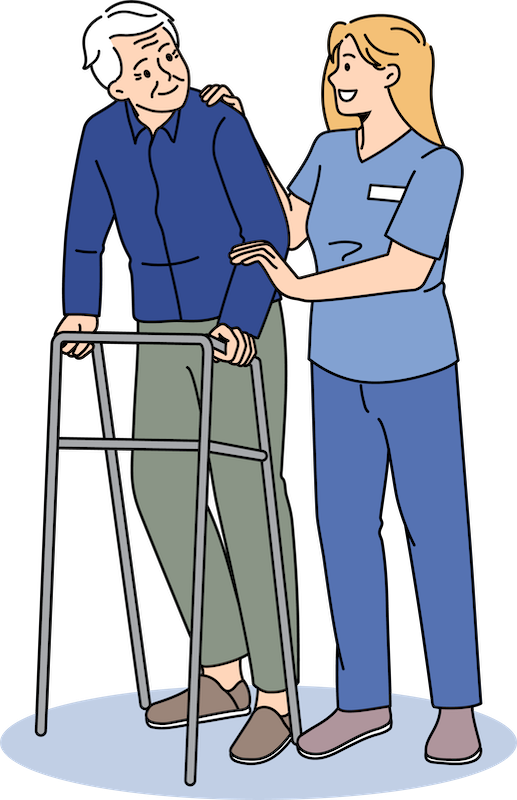 caregiver assisting a patient with a walker